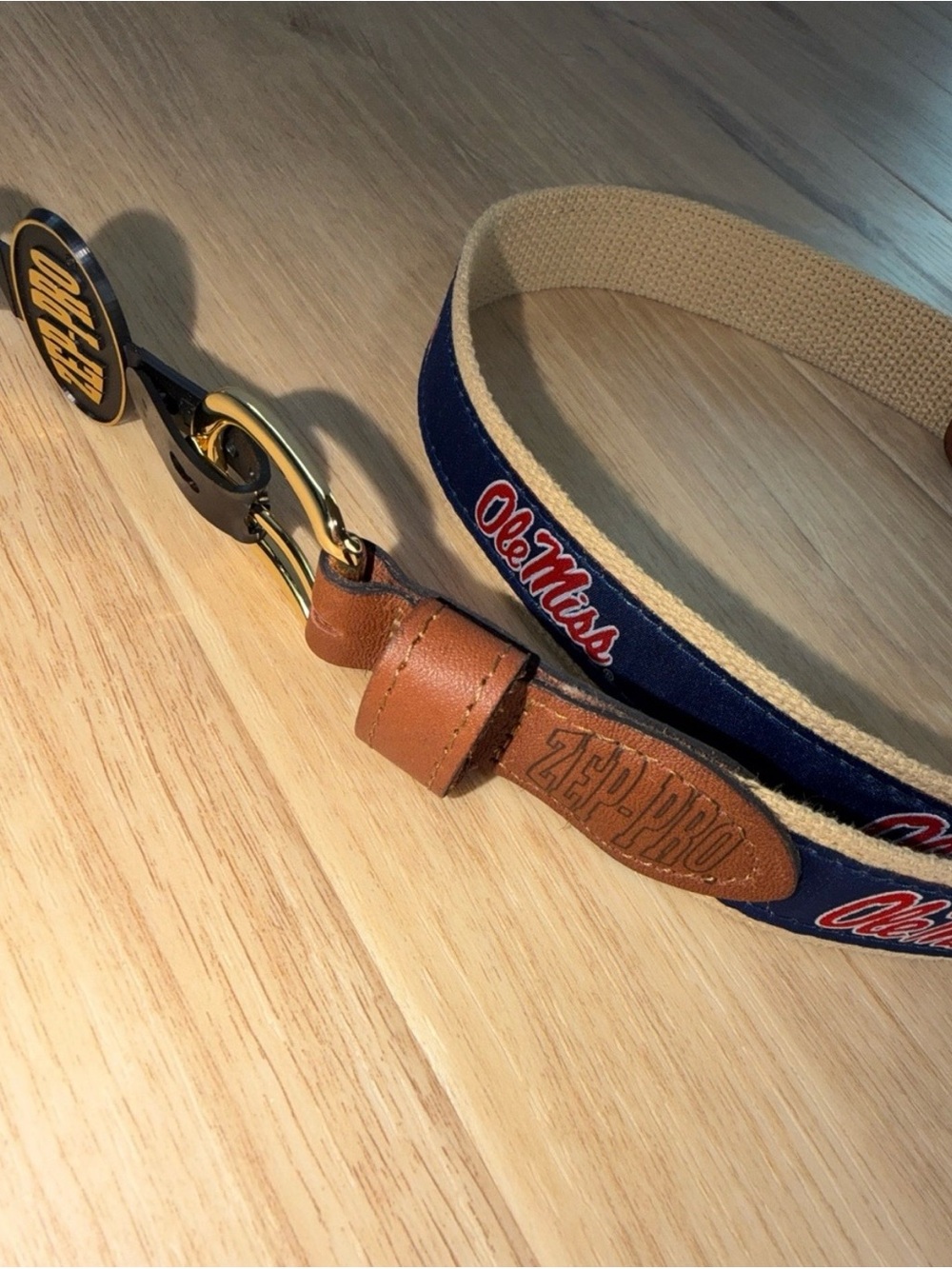 Ole Miss Navy and Tan Branded Belt with Leather Trim Size 36 (Fits 32-34)